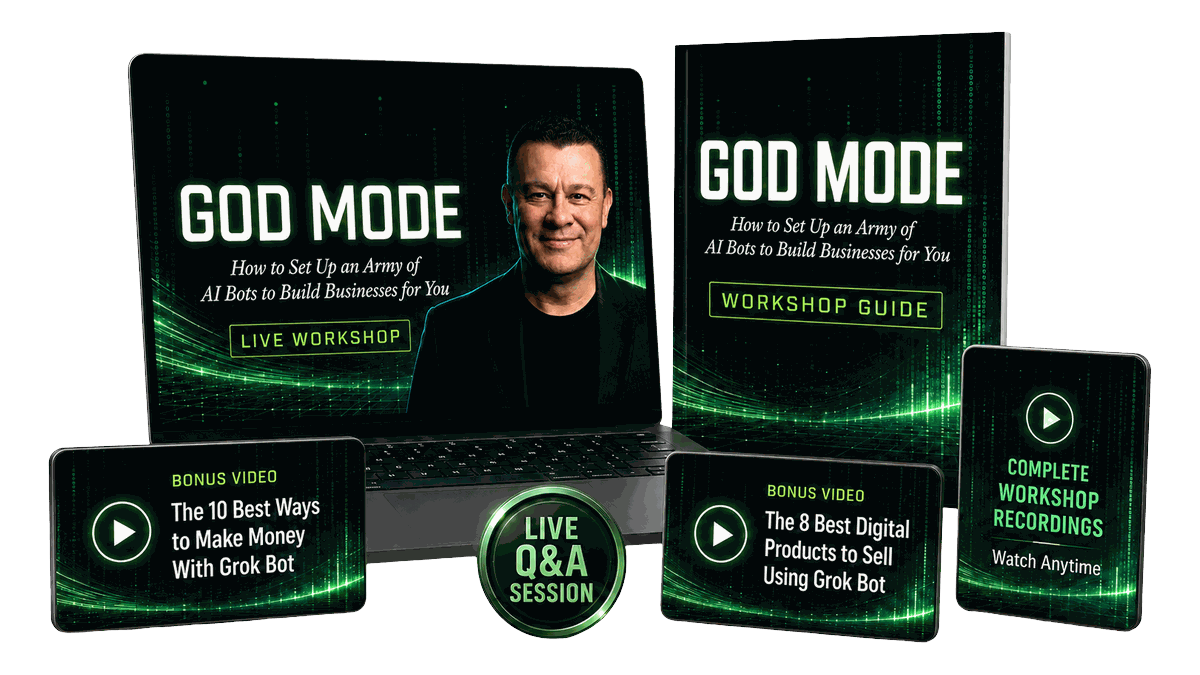 God Mode workshop bundle: live workshop, workshop guide, bonus videos, live Q&A session and complete recordings